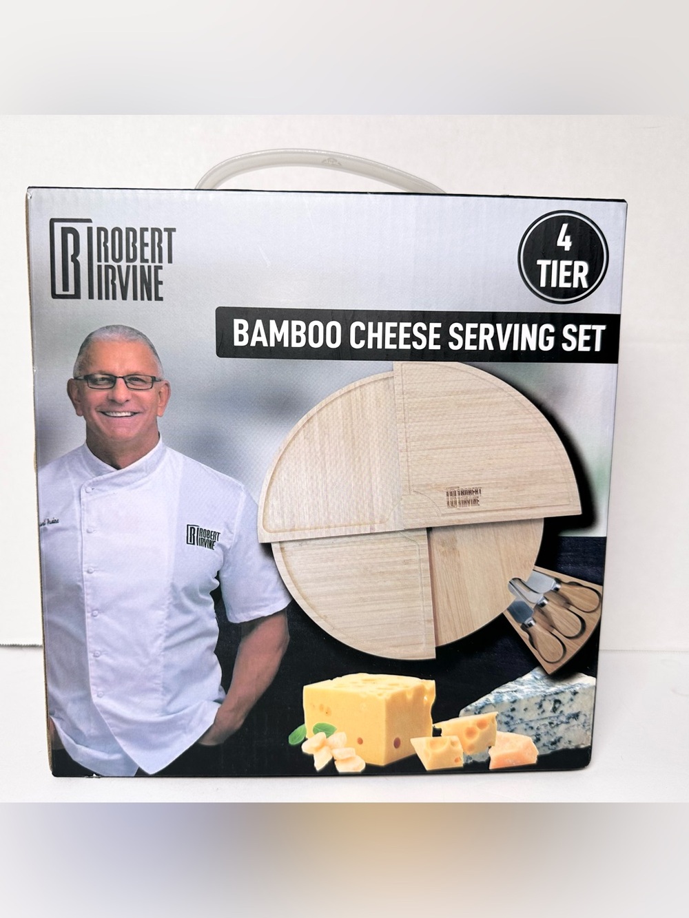 Multi Tier Bamboo Cheese Charcuterie Cutting Board-Stainless Steel-Compact Wedge